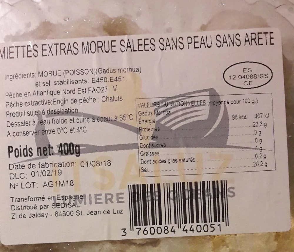 Miettes extras morue salées sans peau sans arête