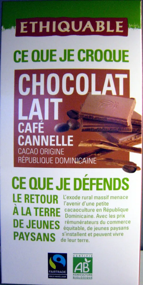 Chocolat au lait café cannelle Cacao origine République Dominicaine Ethiquable
