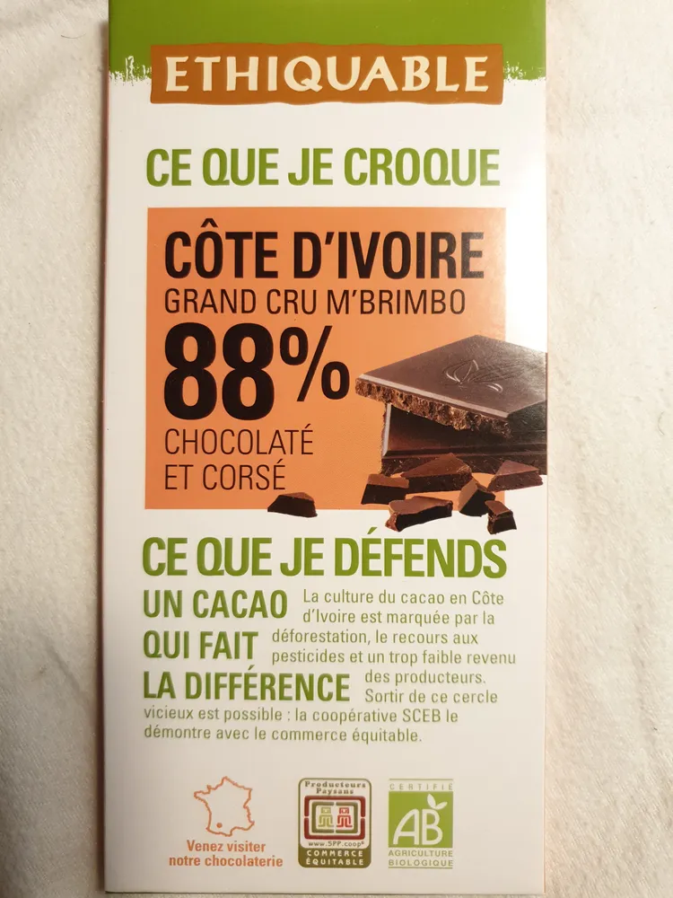 chocolat côte d\'ivoire 88%