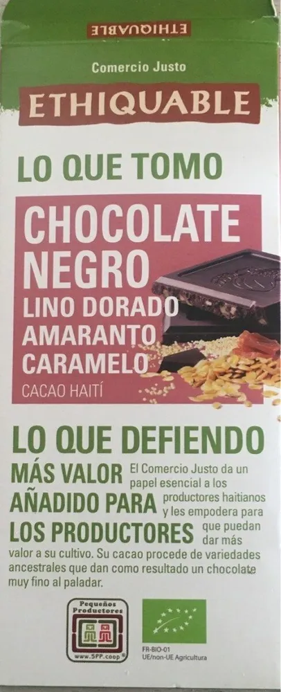 Chocolate negro con lino dorado, amaranto y caramelo