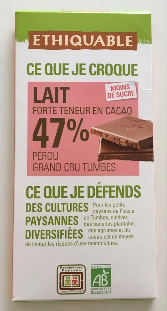 Chocolat Au Lait 47% Grand Cru Pérou Bio & équitable