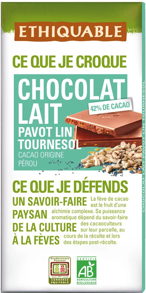 Chocolat au lait 42%, tournesol, lin et pavot