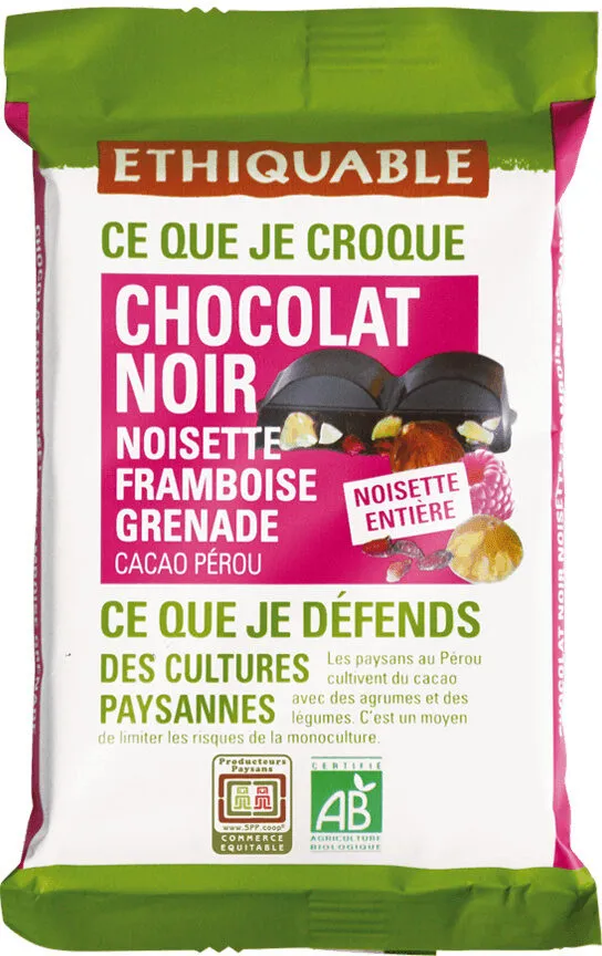 Chocolat noir 65% noisette entière, framboise et grenade