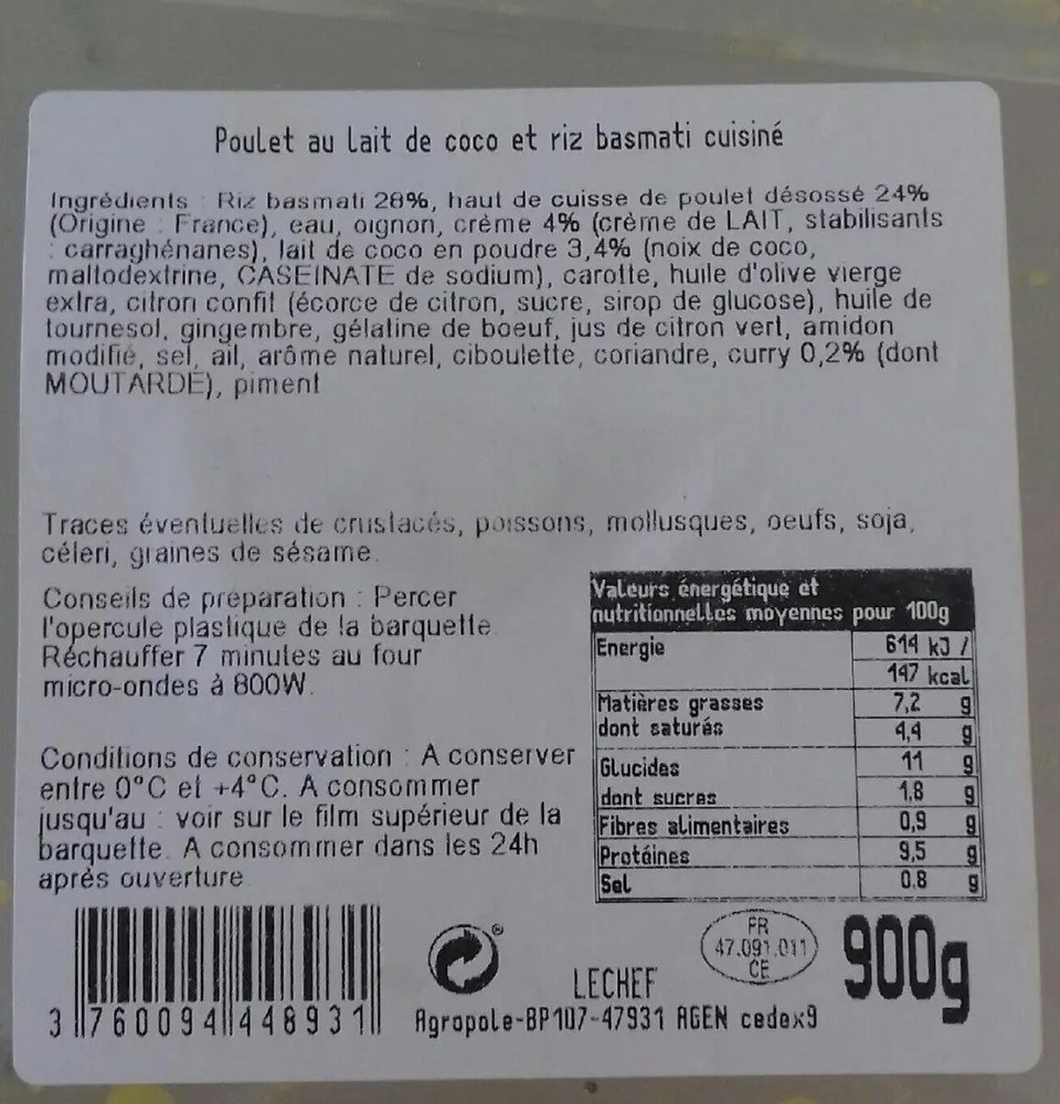 Poulet au lait de coco et riz basmati