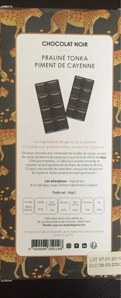 Chocolat noir praliné tonka piment de Cayenne