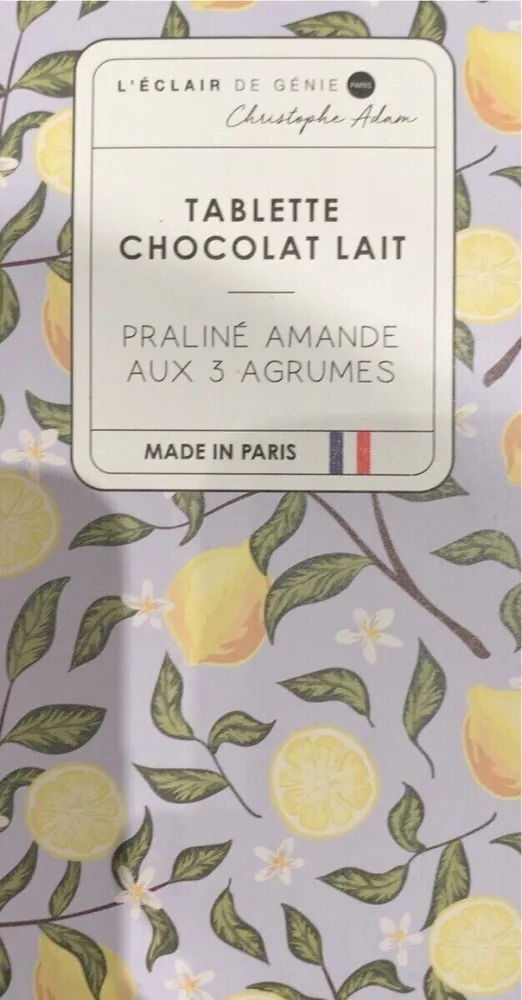 Tablette chocolat lait 3 agrumes