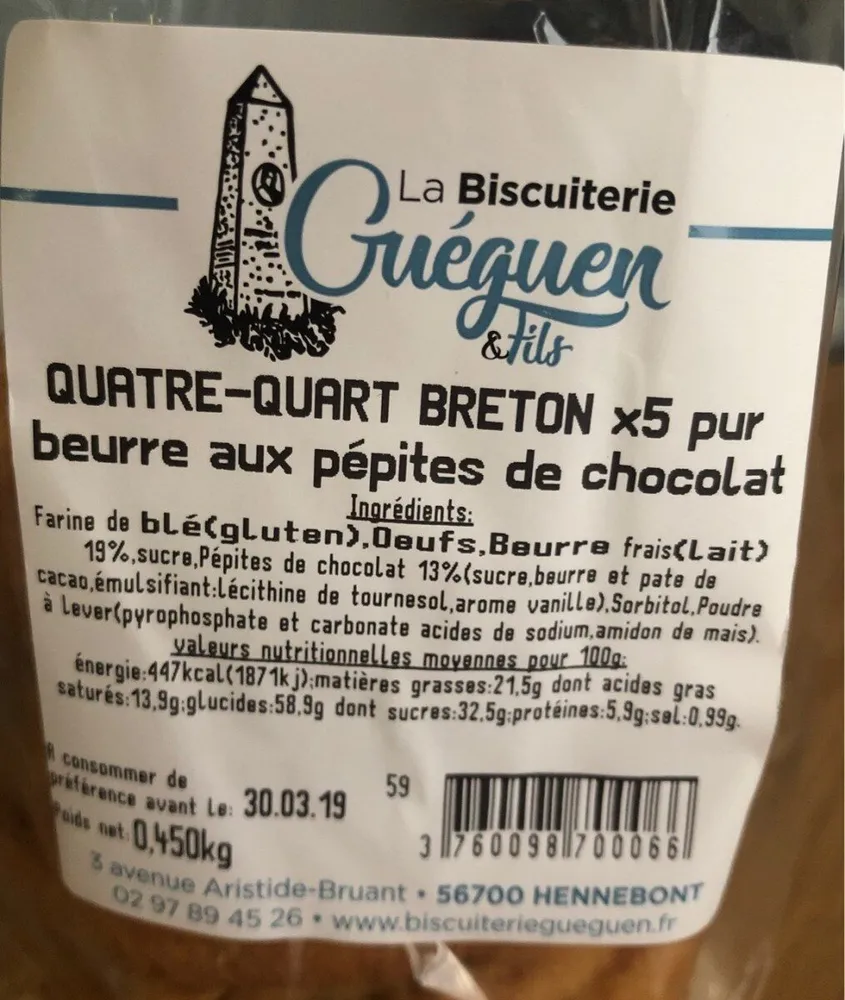 Quatre-quart breton x5 pur beurre aux pepites de chocolat