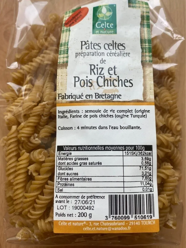 Pâtes celtes préparation céréalière de Riz et Pois Chiches