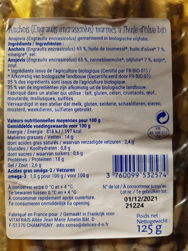 Anchois marinés à l'huile d'olive bio