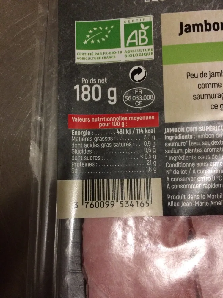 Jambon Cuit Supérieur, Bio Sans Couenne