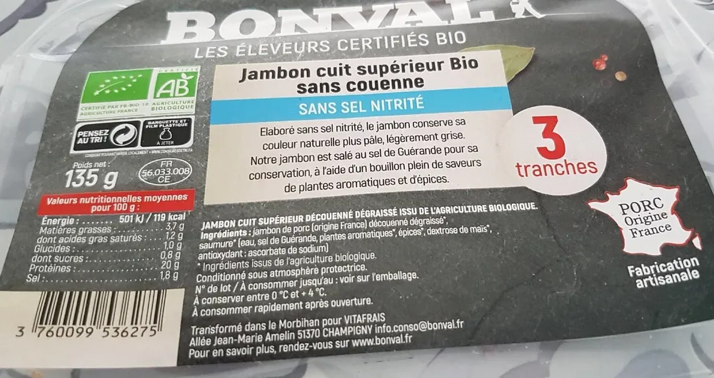 Jambon cuit supérieur Bio sans couenne