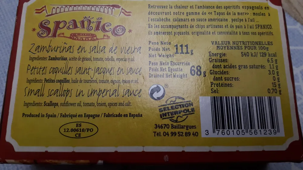 Petites coquilles Saint Jacques en sauce SPANICO, boîte de