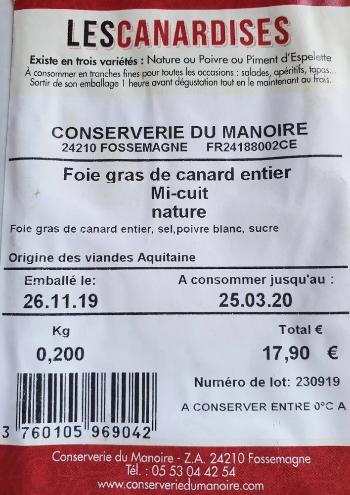 Foie gras de canard entier mi-cuit nature