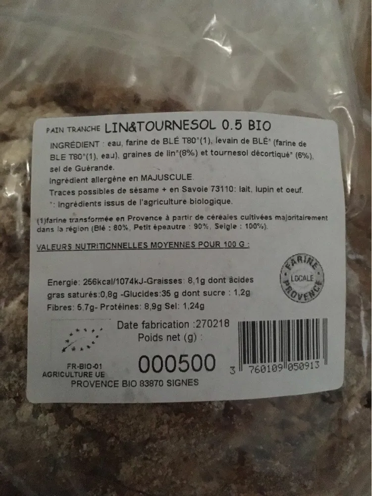 Pain lin tournesol miche 500g tranché emballé
