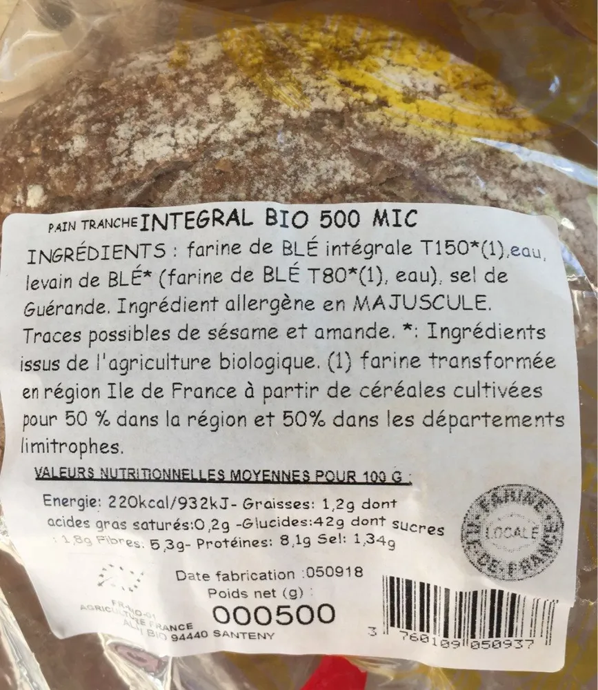 Pain intégral T150 miche 500g tranché emballé