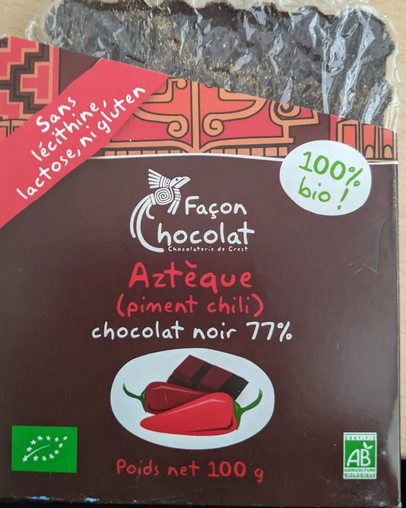 Chocolat noir 77 % Aztèque piment chili
