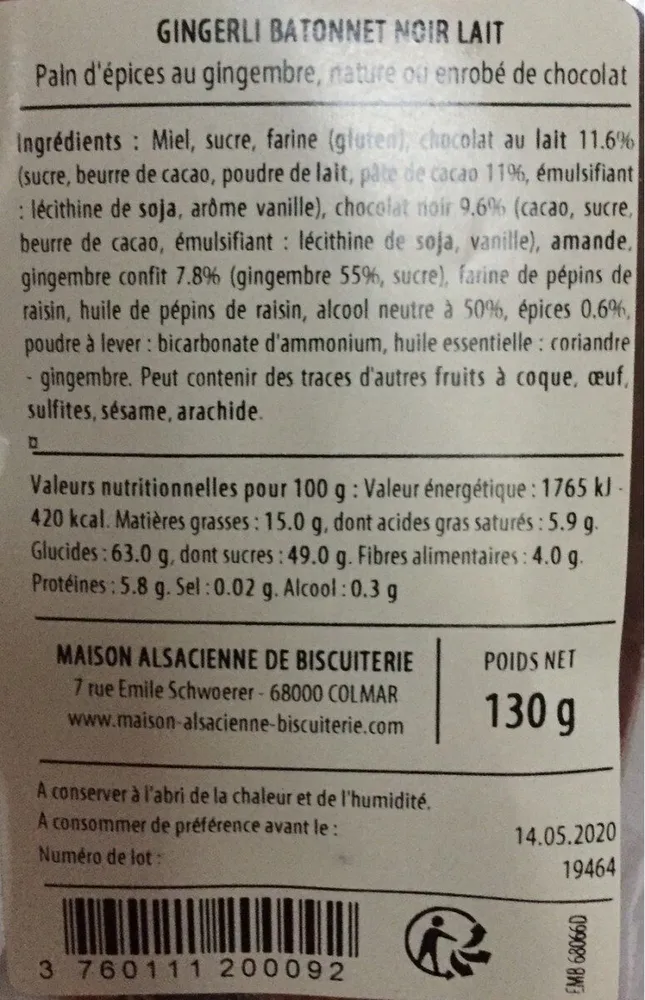 Gingerli bâtonnet noir lait