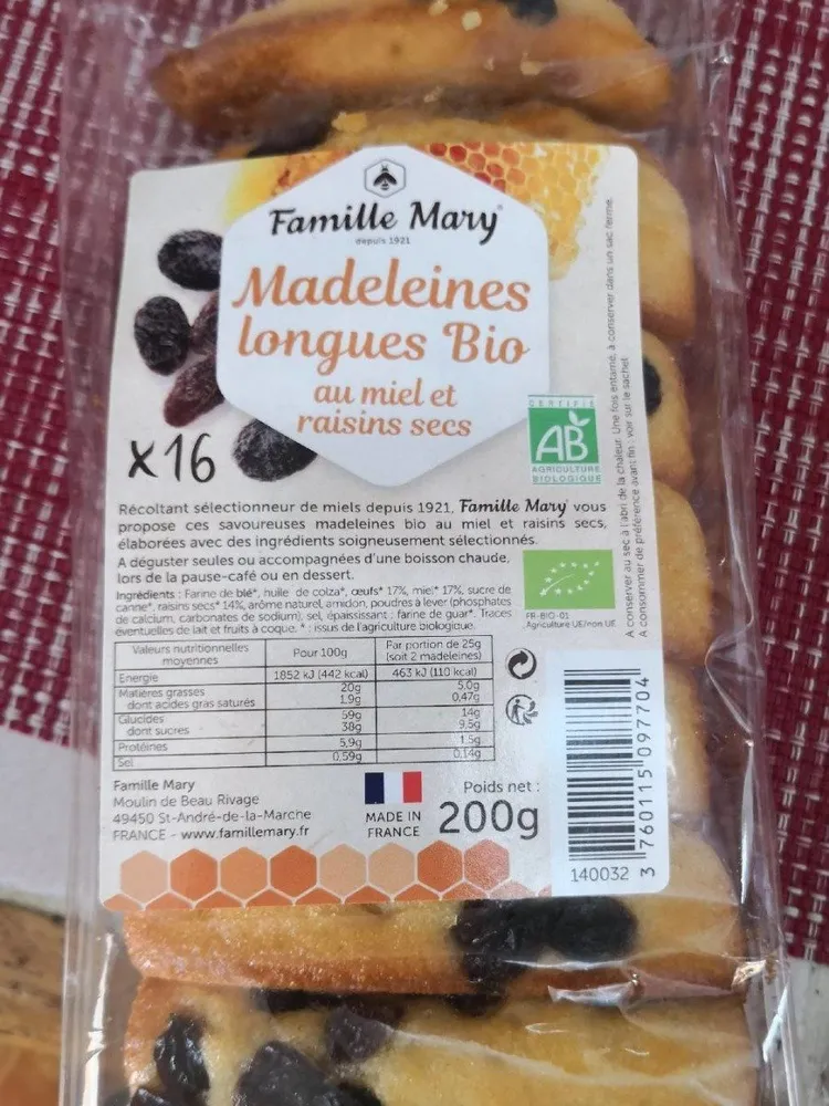 Madeleines longues Bio au miel et raisins secs