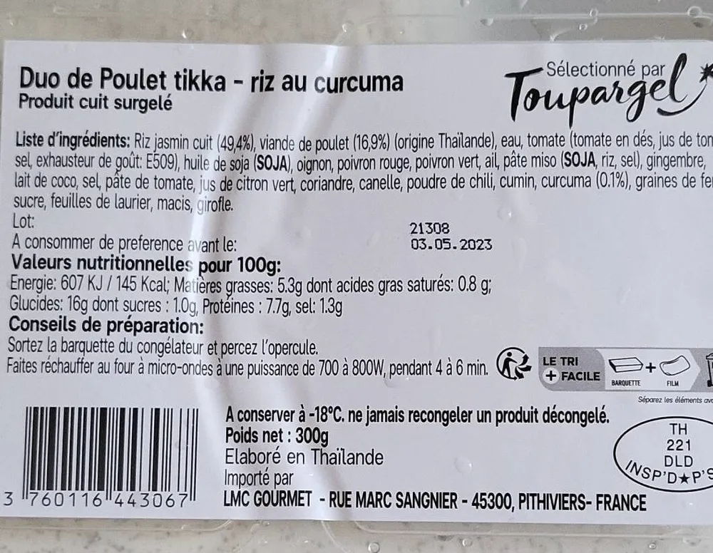 Duo de poulet tikka riz au curcuma