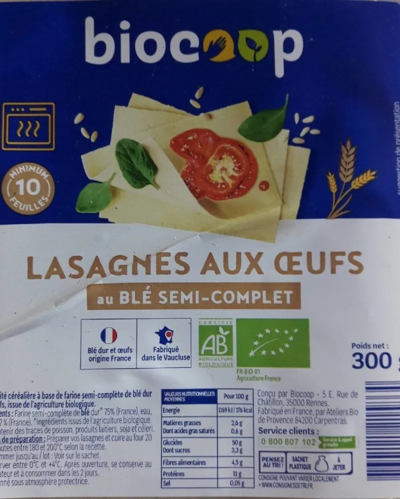 Lasagnes aux oeufs au blé semi-complet
