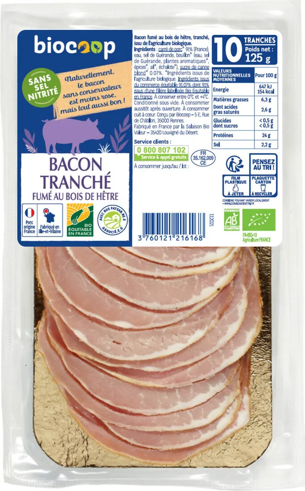 Bacon fumé sans sel nitrité (10) 125g