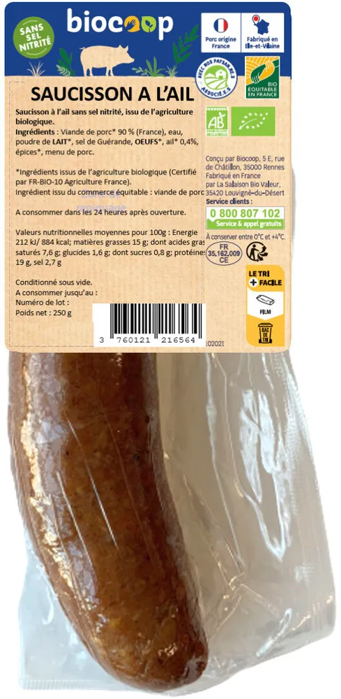 Saucisson ail sans sel nitrité