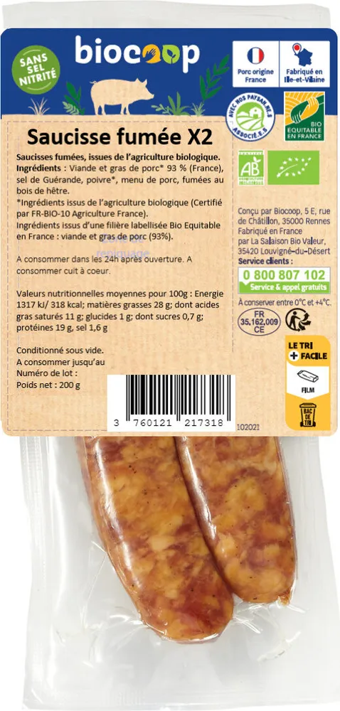 Saucisse fumée ss sel nitrité (2) 200g