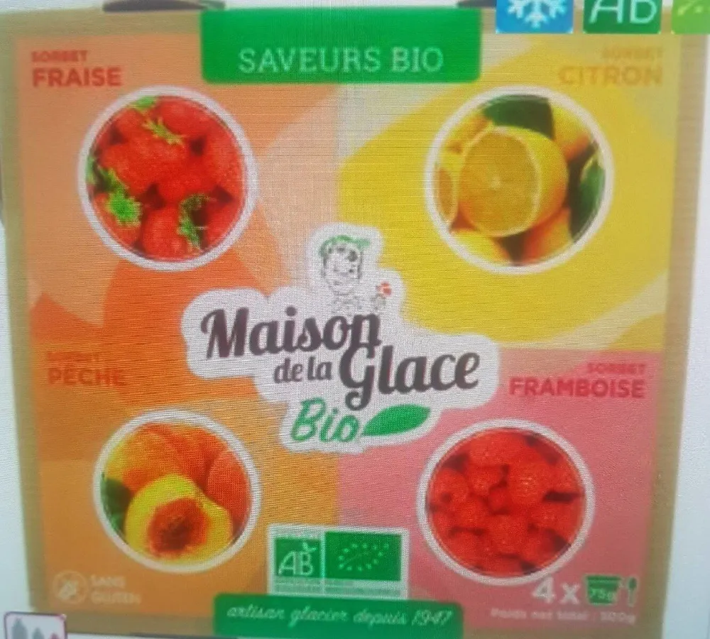 Sorbets saveurs bio fraise .citron .framboise . Pêche jaune