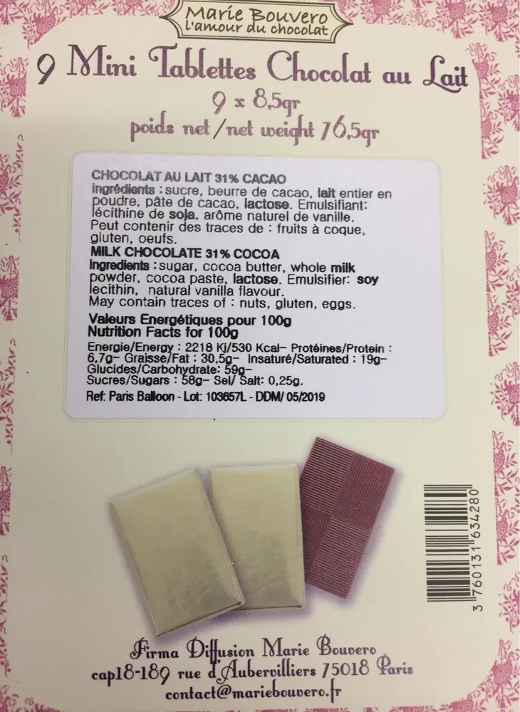 Carte Relief "Balloon" - 9 Mini Tablettes Chocolat Au Lait