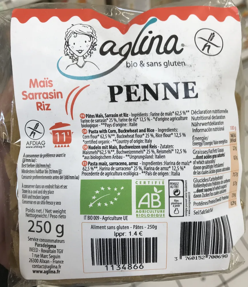 Penne - Pâtes Maïs, Sarrasin et Riz