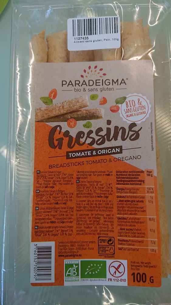 Gressins Tomates et origan. biologique et sans gluten