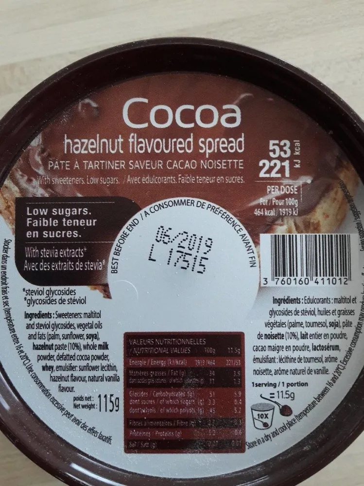 Pâte à tartiner saveur cacao noisette