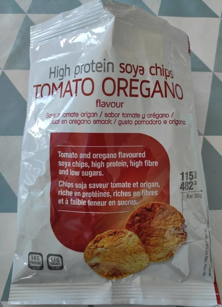 Chips soja saveur tomate et origan, riches en protéines, fibres