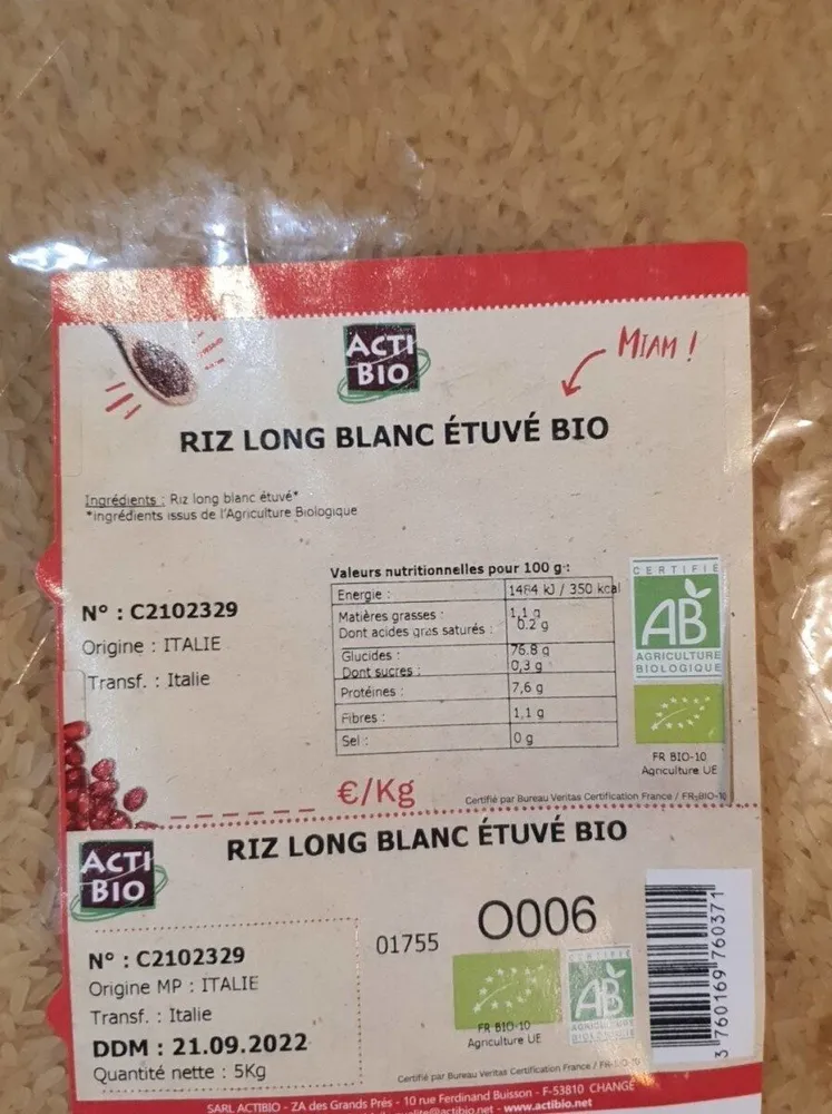 Riz long blanc étuve bio