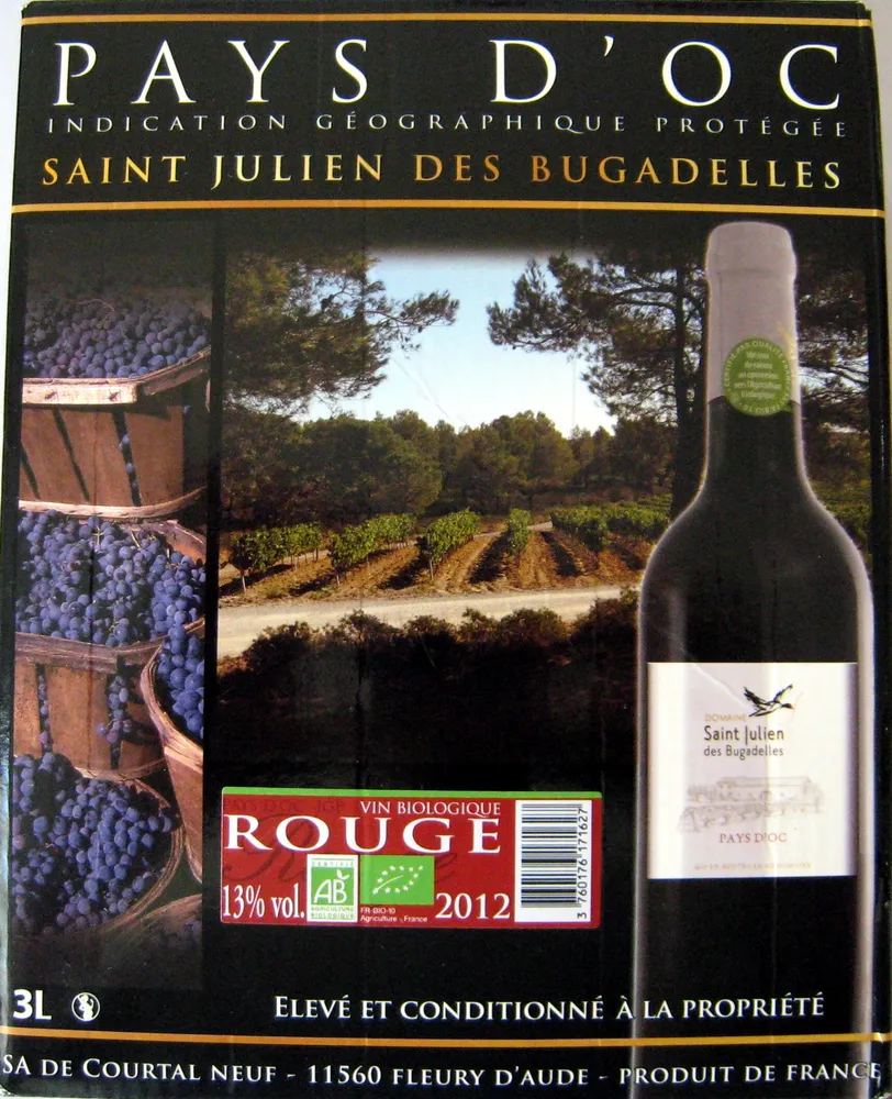 Vin rouge Bio Saint Julien des Bugadelles Pays d'Oc 3L