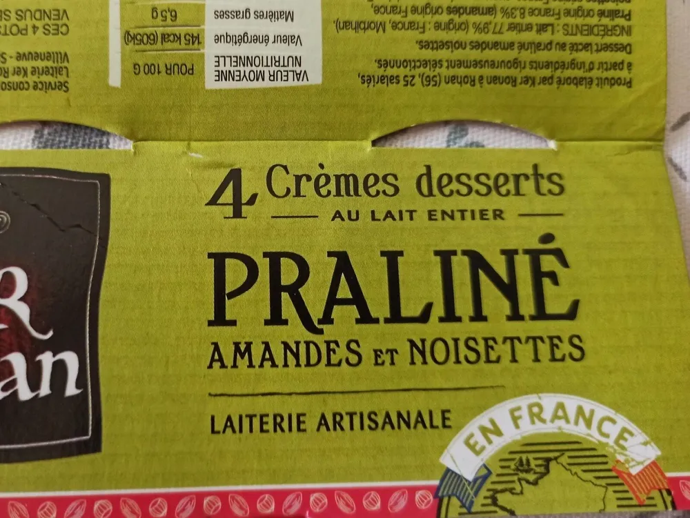 Crèmes desserts praliné amandes et noisettes