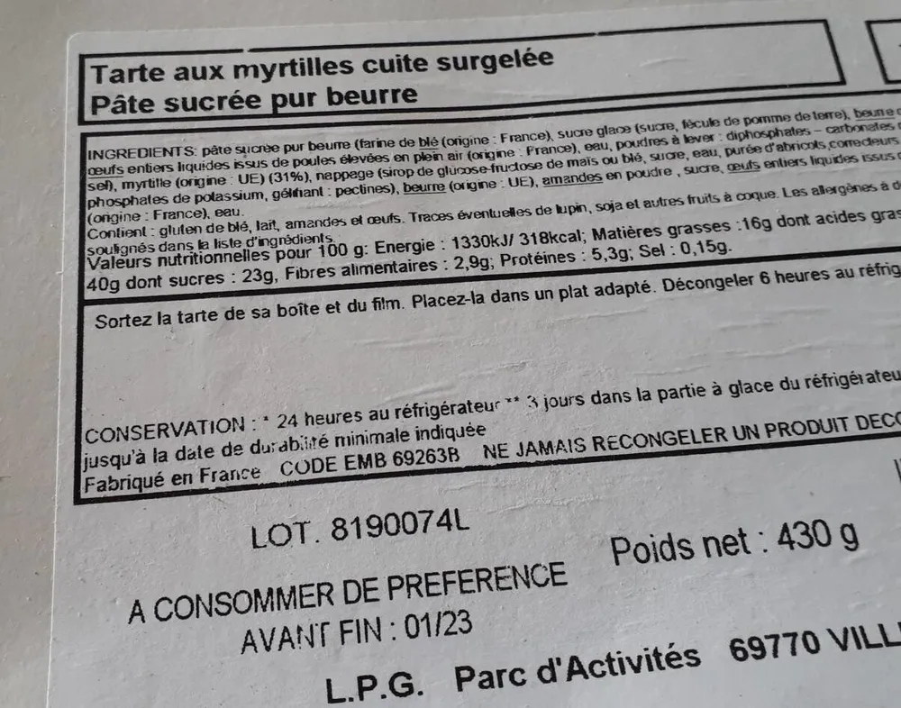 Tarte aux myrtilles cuite surgelée