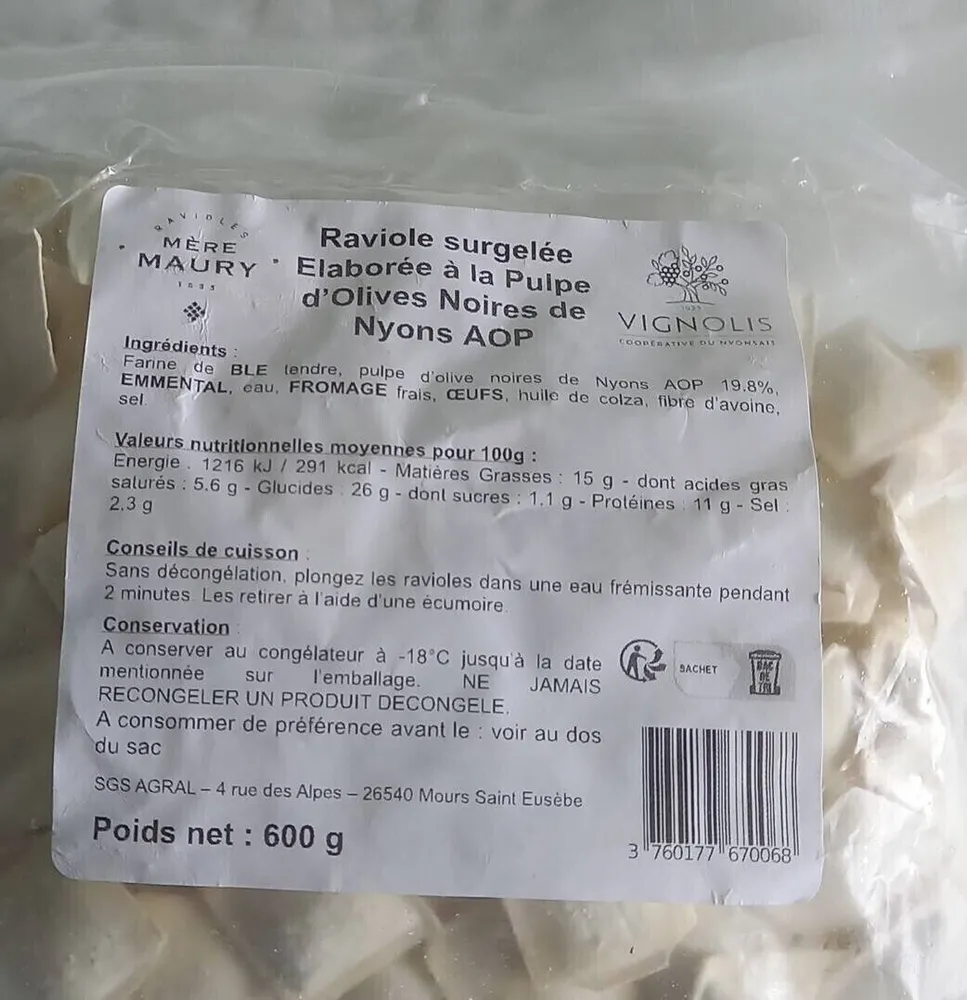 Raviole surgelée elaboree à la pulpe d olives noires de Nyons