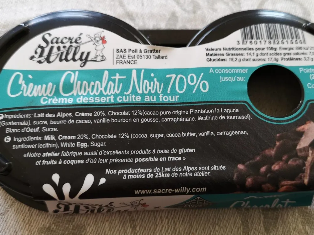 Crème chocolat noir 70 % cuite au four