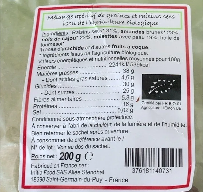 Mélange apéritif de graines et raisins secs