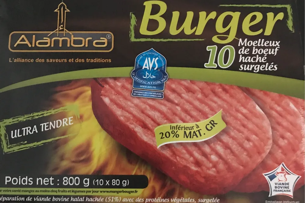 Burger - 10 Moelleux de bœuf haché surgelés (< 20% M.G.)