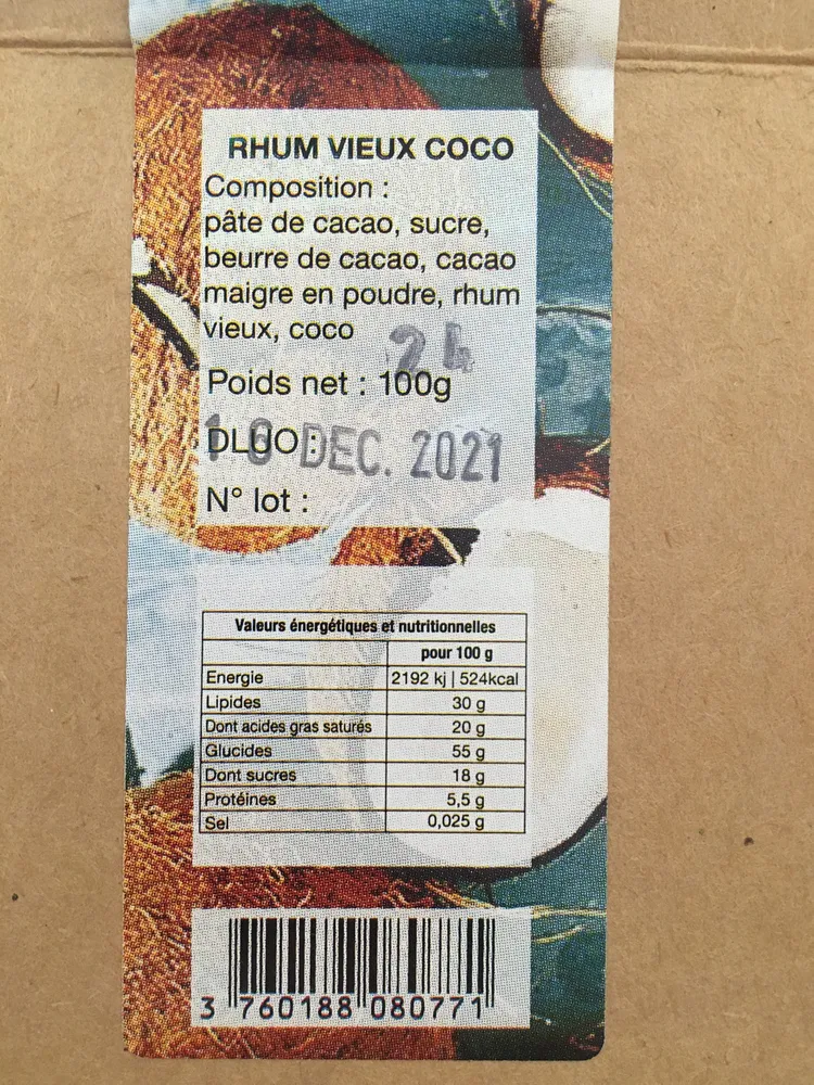 Tablette de chocolat Rhum Coco