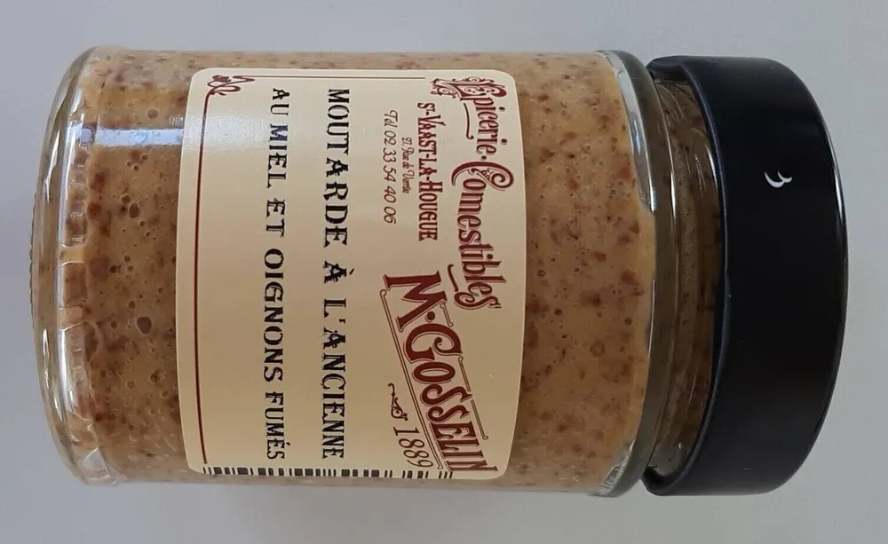 Moutarde à l'ancienne au miel et oignons fumés