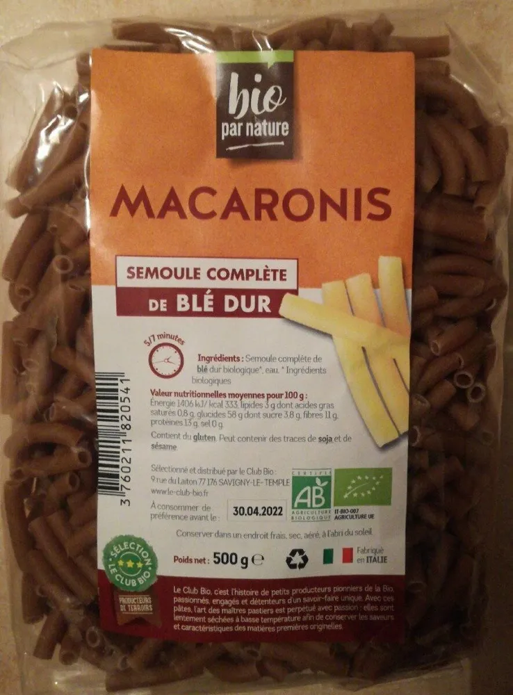Macaronis semoule complète de blé dur