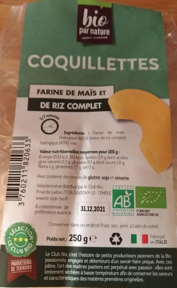Coquillettes farine de maïs et de riz complet
