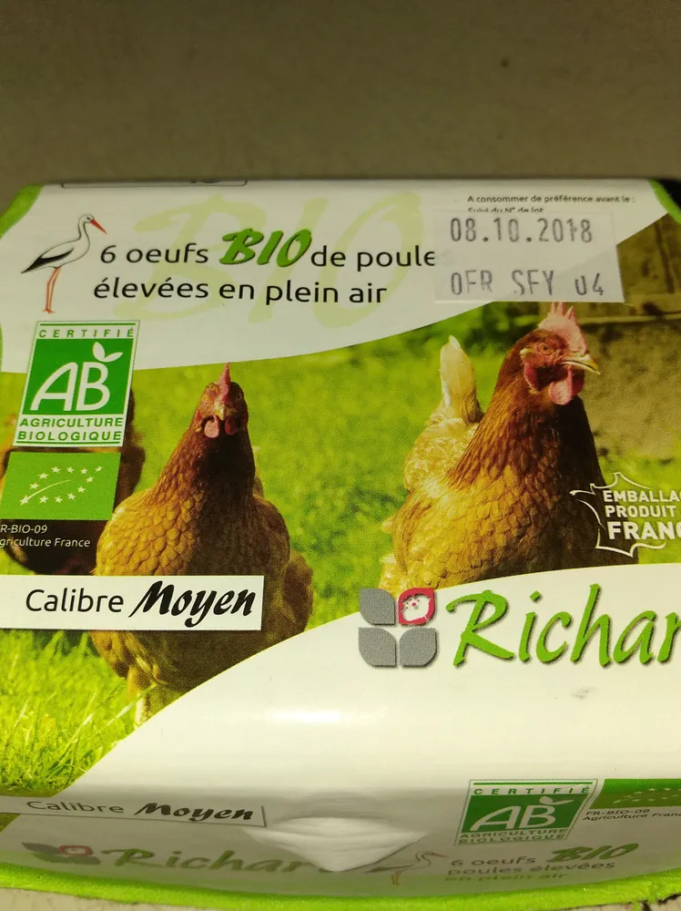 6 Œufs bio de poules élevées en plein air, calibre moyen