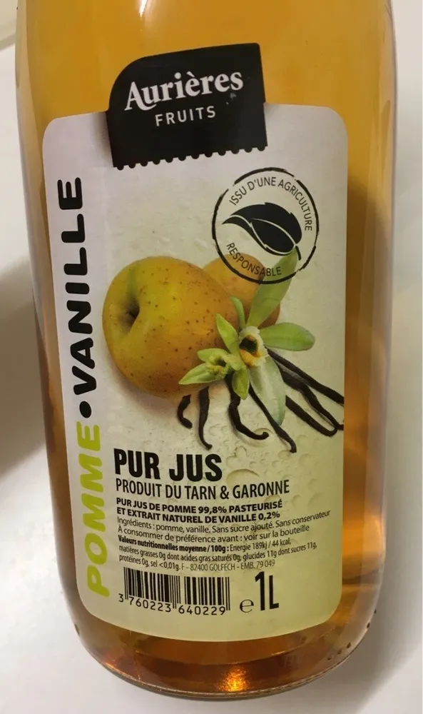 Pur jus de pomme et extrait naturel de vanille