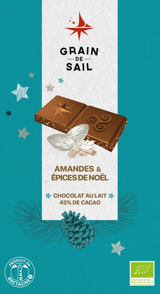 Tablette de chocolat au lait 45% de cacao, amandes et épices de Noël
