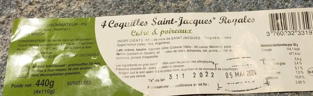 4 coquilles Saint-Jacques royales, cidre et poireaux