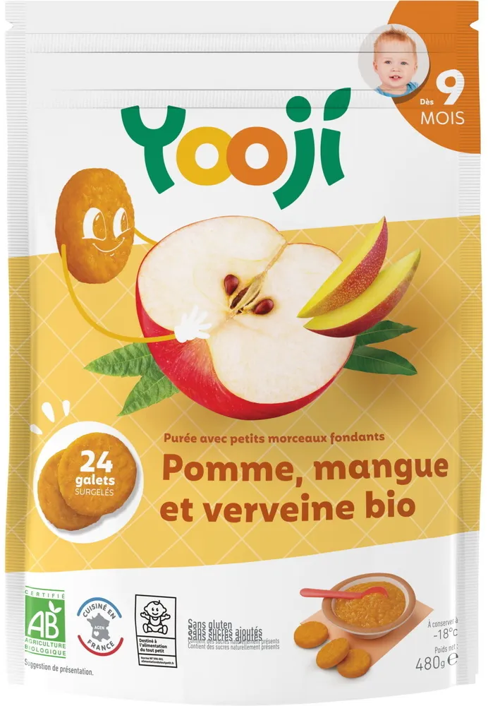 Purée surgelée de pomme, mangue et verveine bio avec petits morceaux fondants pour bébé dès 9 mois